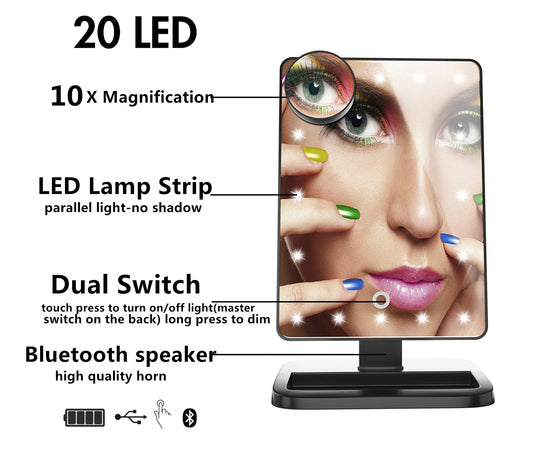 3-in-1 LED Makeup Mirror with Bluetooth Speaker | 20 LED Touch Screen Vanity Mirror | 10x Magnification | Pink White Black | Velora Essentials